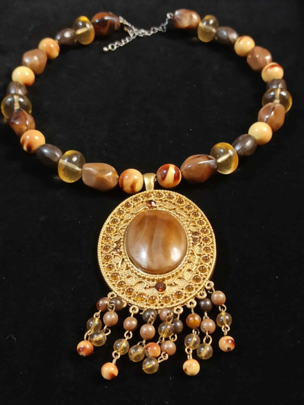 Vintage 80s Lucite Beaded Statement Necklace Large Pendant Brown Amber Tone